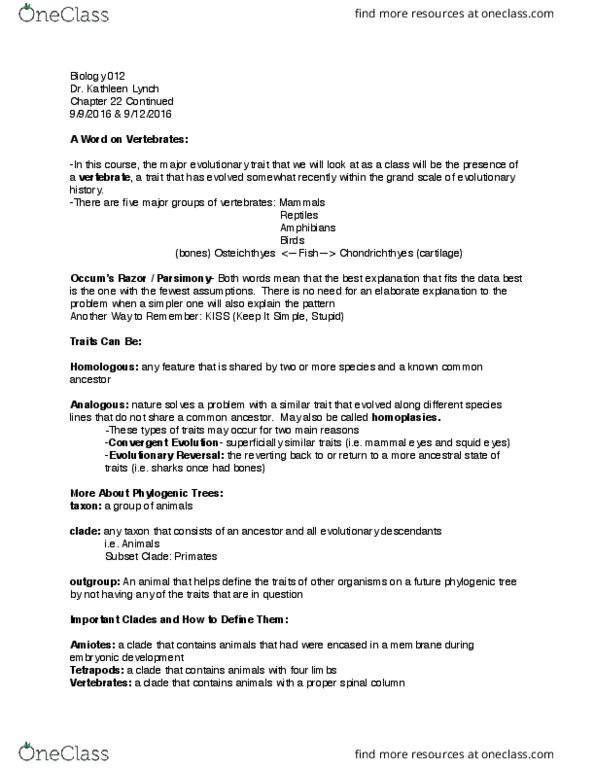 BIO 012 Lecture Notes - Lecture 2: Osteichthyes, Chondrichthyes, Convergent Evolution thumbnail