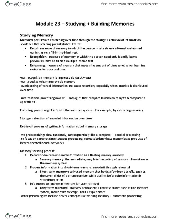 PSYC 1010 Chapter Notes - Chapter 23: Procedural Memory, Echoic Memory, Iconic Memory thumbnail