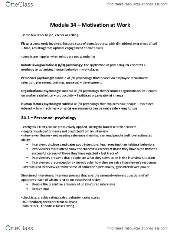PSYC 1010 Chapter Notes - Chapter 34: Personnel Psychology, Industrial And Organizational Psychology, Job Performance thumbnail