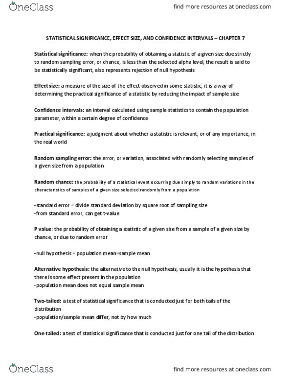 PSYC 2021 Chapter Notes - Chapter 7: Alternative Hypothesis, Type I And Type Ii Errors, Observational Error thumbnail