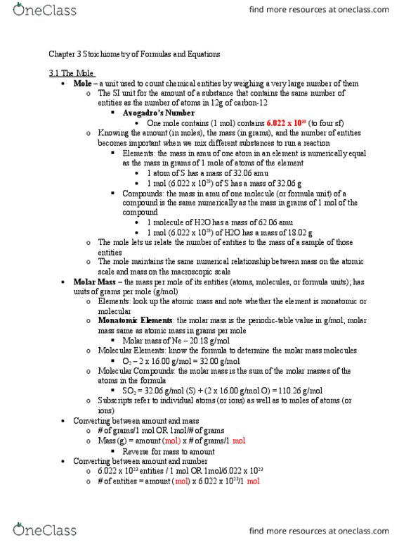 CHEM 1040 Chapter Notes - Chapter 3: Formula Unit, Limiting Reagent, Organic Compound thumbnail