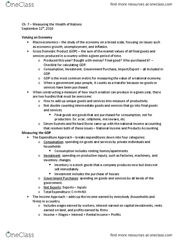 ECON 1040 Lecture Notes - Lecture 10: Simon Kuznets, Gross Domestic Product thumbnail