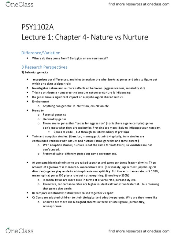 PSY 1102 Lecture Notes - Lecture 1: Molecular Genetics, Epigenetics, Heritability thumbnail