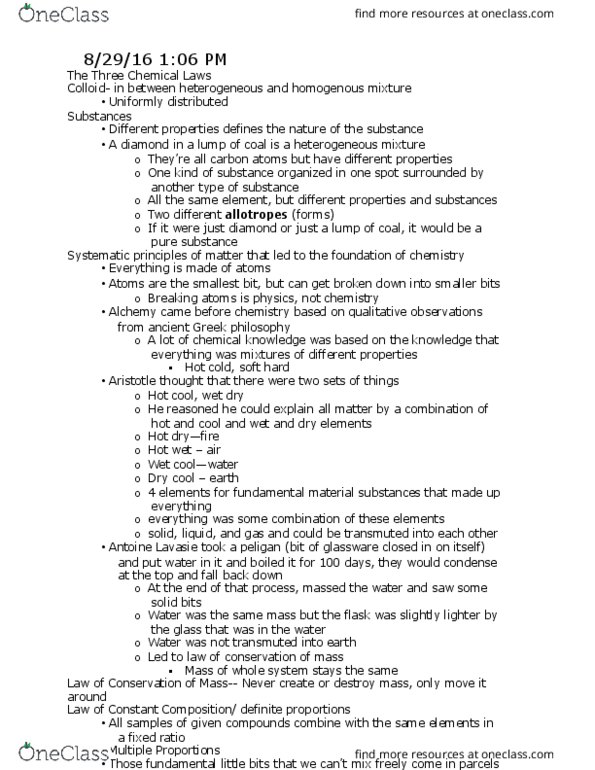 CHEM 141 Lecture Notes - Lecture 1: Ancient Greek Philosophy, Cool Earth, Colloid thumbnail