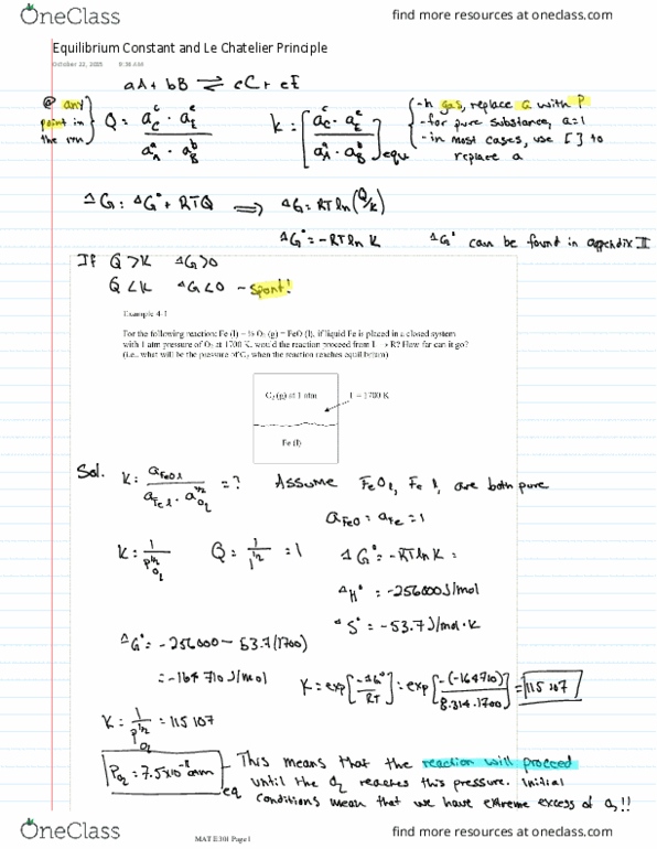 MAT E301 Lecture 20: 20 Equilibrium Constant and Le Chatelier Principle thumbnail