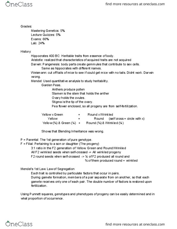 L41 BIOL 2970 Lecture Notes - Lecture 1: Allele, Phenotype, Punnett Square thumbnail