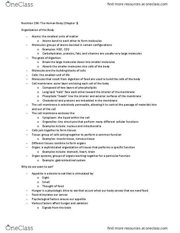 HN 196 Lecture Notes - Lecture 4: Cell Membrane, Gastrointestinal Tract, Phospholipid thumbnail