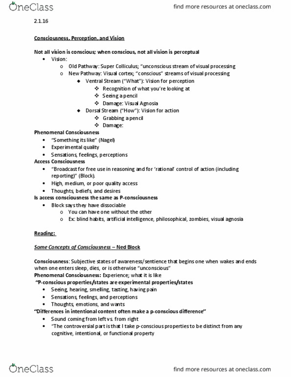 PHI 102 Lecture Notes - Lecture 2: Retina, Propositional Attitude, Brainstem thumbnail