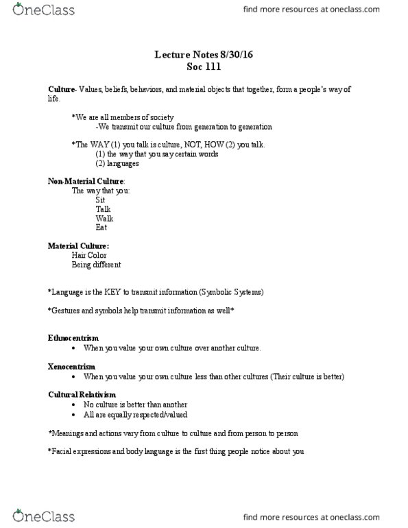 SOC 111 Lecture Notes - Lecture 2: Xenocentrism, Cultural Relativism, Ethnocentrism thumbnail