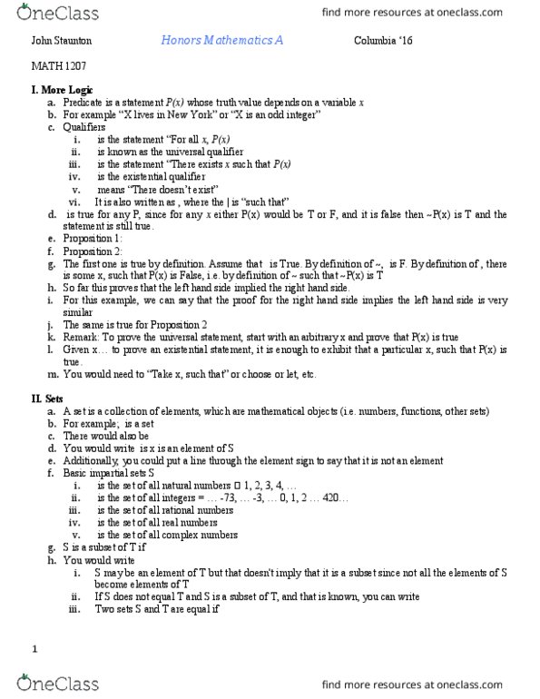 MATH V1207 Lecture Notes - Lecture 2: Empty Set thumbnail