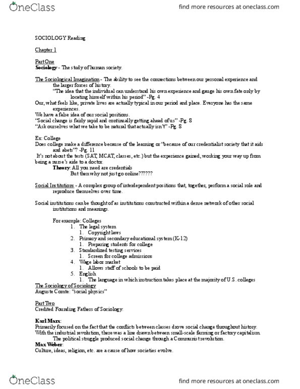 SOCIOL 110 Chapter Notes - Chapter 1: The Sociological Imagination, Georg Simmel, Auguste Comte thumbnail