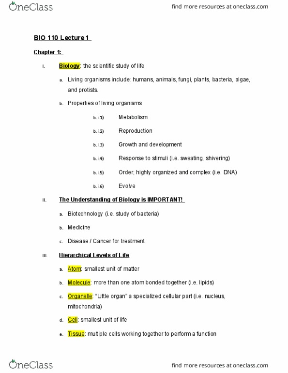 BIO 110 Lecture Notes - Lecture 1: Chemical Polarity, Covalent Bond, Organelle thumbnail