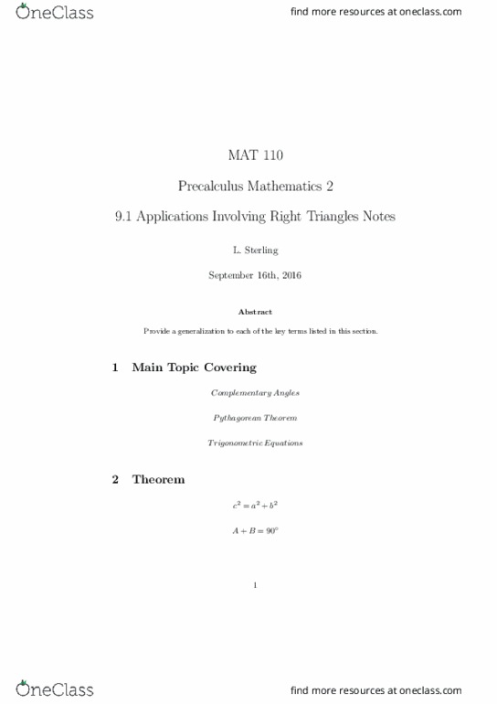MAT 110 Lecture Notes - Lecture 17: Pythagorean Theorem, Graphing Calculator, Precalculus thumbnail
