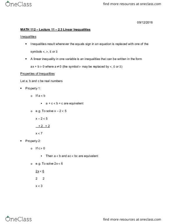MATH 112 Lecture Notes - Lecture 11: Equals Sign, Solution Set, Negative Number thumbnail