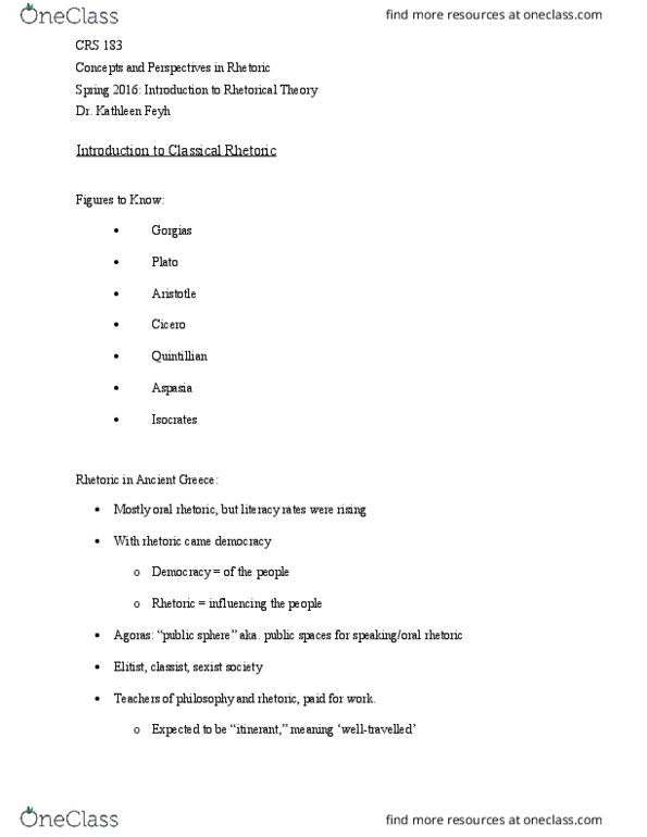 CRS 183 Lecture Notes - Lecture 2: Antidosis, Quintilian, Sophos thumbnail