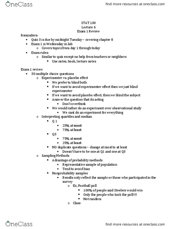STAT 100 Lecture Notes - Lecture 6: Response Bias, Standard Score, Random Assignment thumbnail