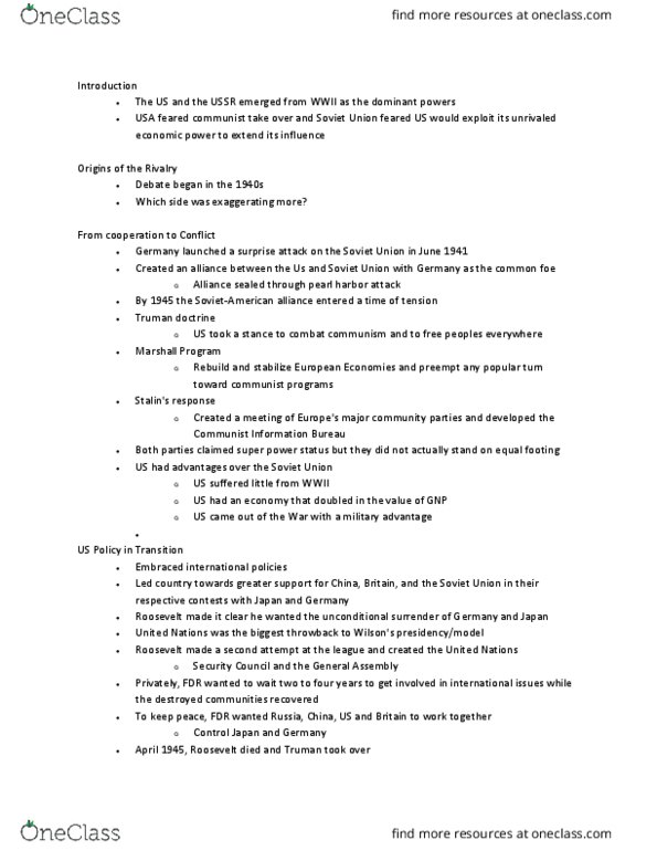 HIST 2211 Chapter Notes - Chapter 2: Iron Curtain, Russian Empire, Cominform thumbnail