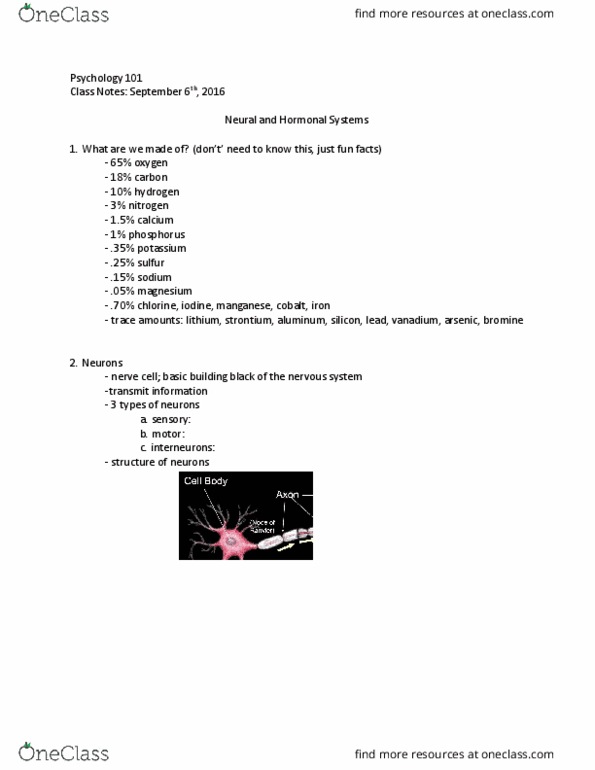 PSYC 101 Lecture Notes - Lecture 2: Artificial Neural Network, Axon Terminal, Myelin thumbnail