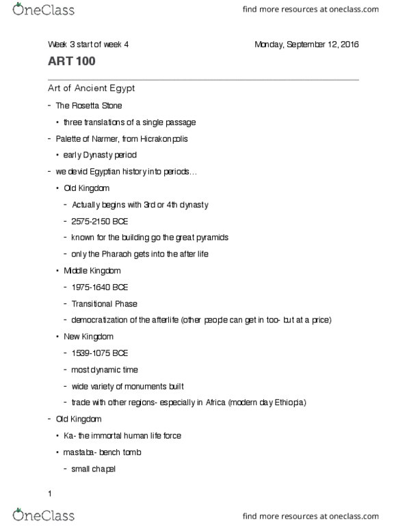 ART 100 Lecture Notes - Lecture 10: Fourth Dynasty Of Egypt, Quartzite, Mastaba thumbnail