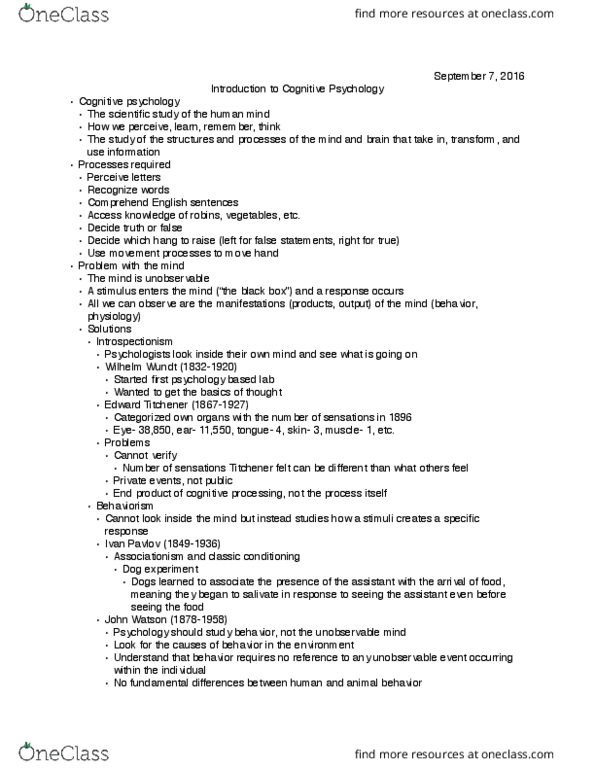 PSYCH 240 Lecture Notes - Lecture 1: Behavioral Neuroscience, Mental Chronometry, Franciscus Donders thumbnail