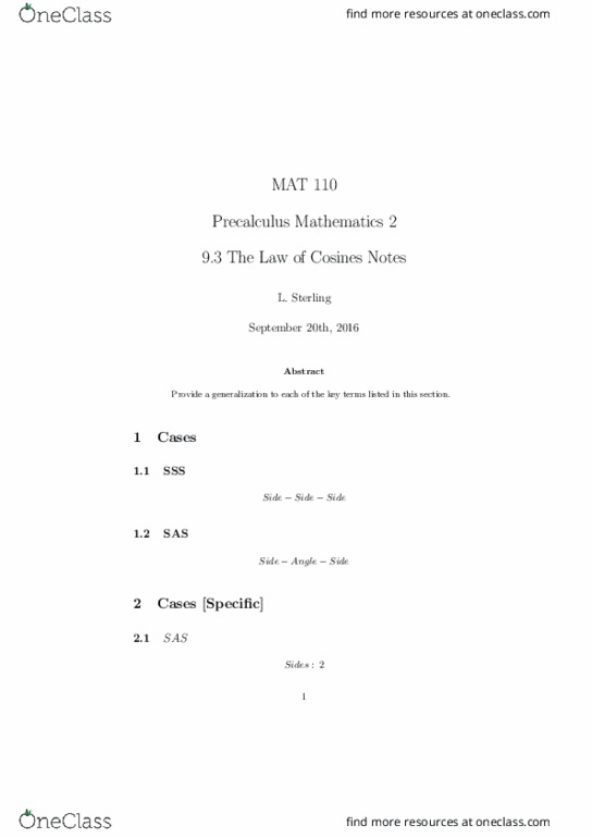 MAT 110 Lecture Notes - Lecture 19: Precalculus thumbnail