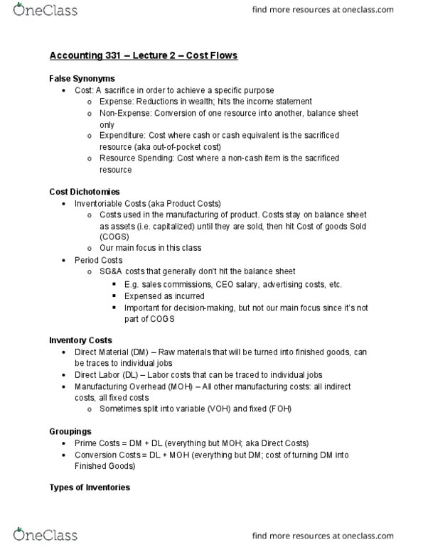 ACCOUNTG 331 Lecture Notes - Lecture 2: Finished Good, Income Statement thumbnail