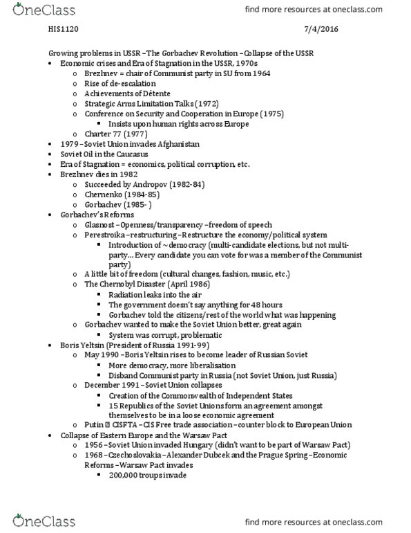 HIS 1120 Lecture Notes - Lecture 18: Commonwealth Of Independent States Free Trade Area, Warsaw Pact, Berlin Wall thumbnail