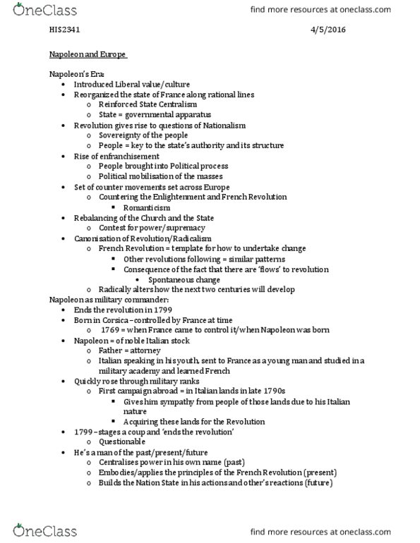 HIS 2341 Lecture Notes - Lecture 2: Code Of Law, Romantic Nationalism, Centralisation thumbnail