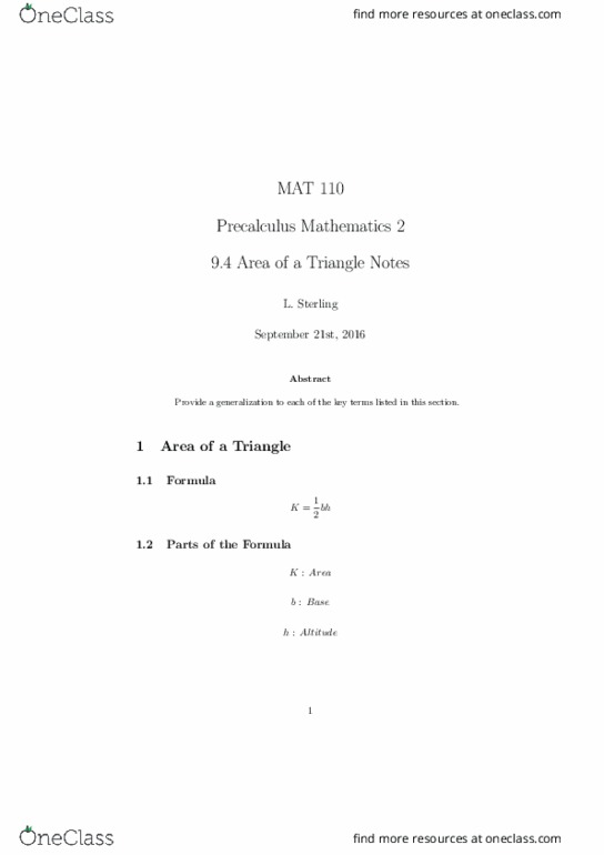 MAT 110 Lecture Notes - Lecture 20: Precalculus thumbnail