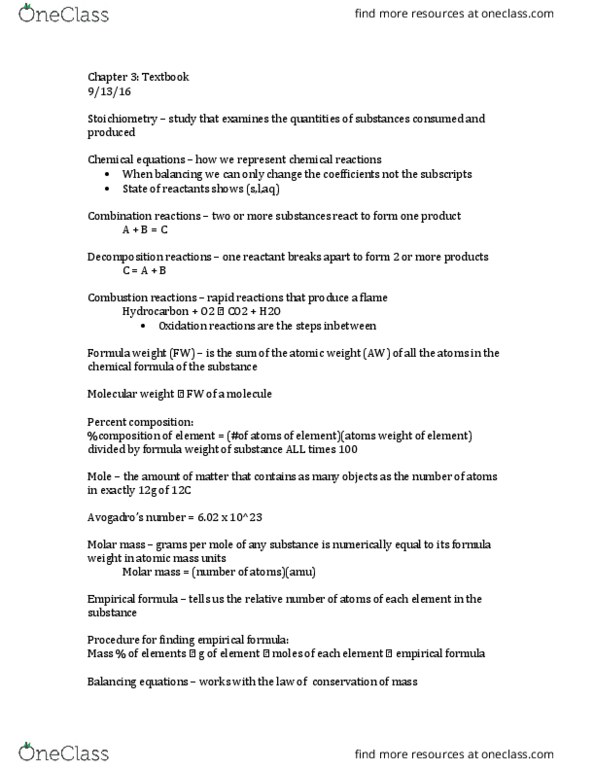 CHEM 1110 Chapter Notes - Chapter 3: Chemical Formula, Molecular Mass, Chemical Equation thumbnail