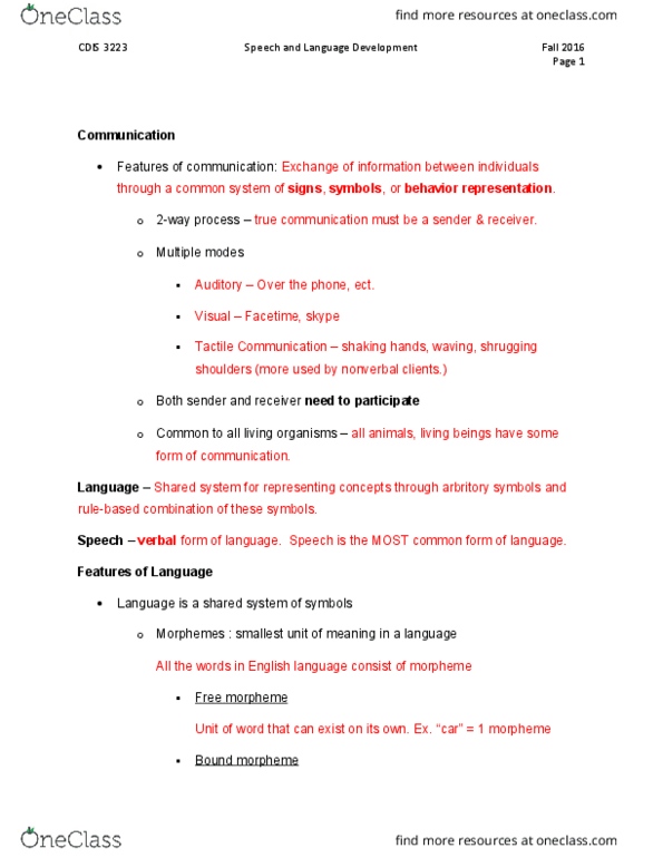 CDIS 3223 Lecture Notes - Lecture 1: Paralanguage, Developmental Disability, Speech Perception thumbnail