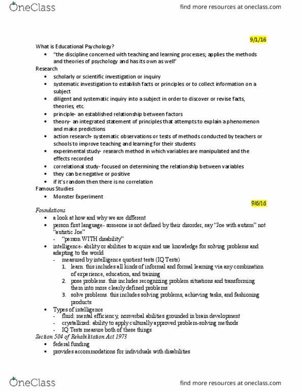 EDP 201 Lecture Notes - Lecture 1: Rehabilitation Act Of 1973, Differentiated Instruction thumbnail