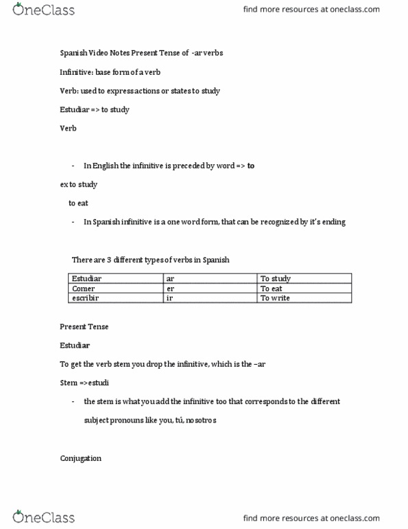 SPAN 101 Lecture Notes - Lecture 4: Preposition And Postposition, Infinitive thumbnail