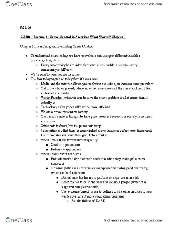 CJ 306 Lecture 4: CJ 306 - Lecture 4: Crime Control in America: What Works? Chapter 1 thumbnail