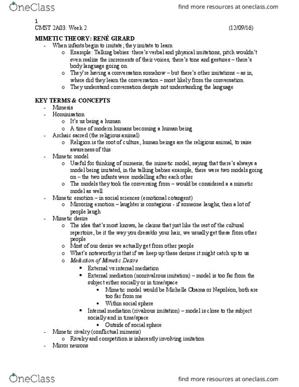 CMST 2C03 Lecture Notes - Lecture 3: Michelle Obama, Mimesis, Mirror Neuron thumbnail