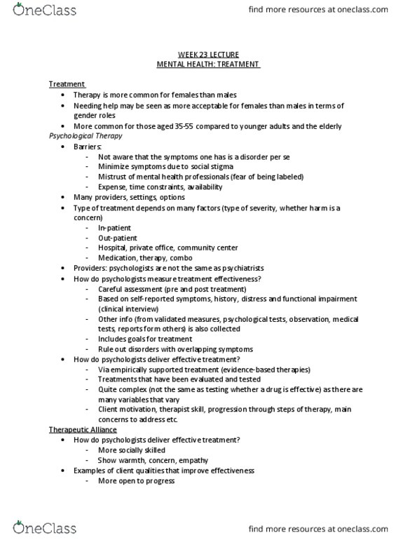 PSYC 100 Lecture Notes - Lecture 23: Pharmacotherapy, Cognitive Restructuring, Social Stigma thumbnail