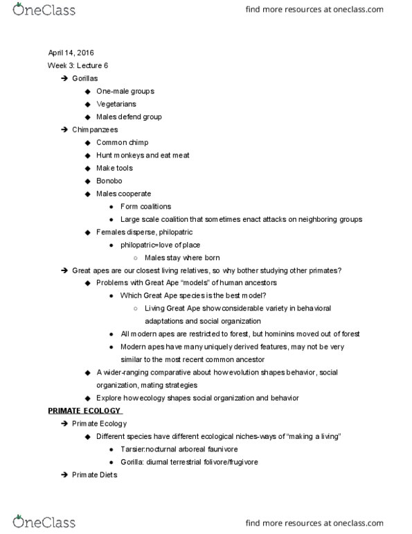 ANTHRO 7 Lecture Notes - Lecture 6: Dont, Ontogeny, The Selfish Gene thumbnail