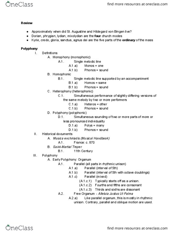 MUS 361 Lecture Notes - Lecture 4: Melisma, Organum, Hildegard Of Bingen thumbnail