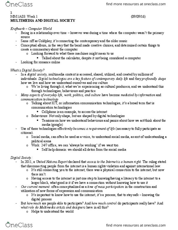 MMEDIA 1A03 Lecture Notes - Lecture 2: Coldplay, Understanding Media, David Antin thumbnail