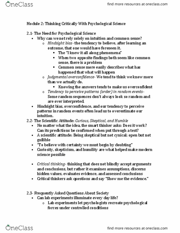 PSY-1200 Lecture Notes - Lecture 2: Psychological Science, Critical Thinking, The Need thumbnail
