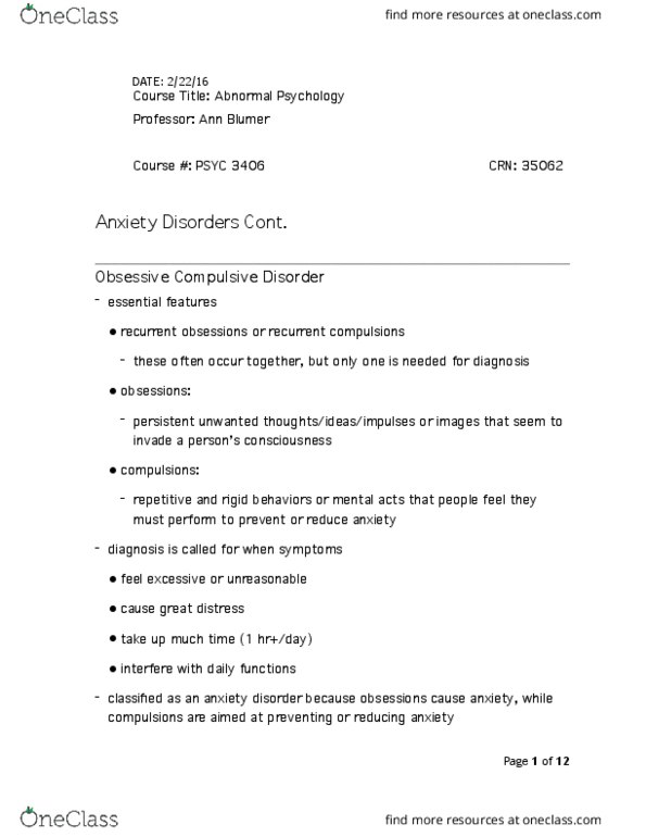 PSYC 3406 Lecture Notes - Lecture 10: Obsessive–Compulsive Disorder, Posttraumatic Stress Disorder, Acute Stress Reaction thumbnail