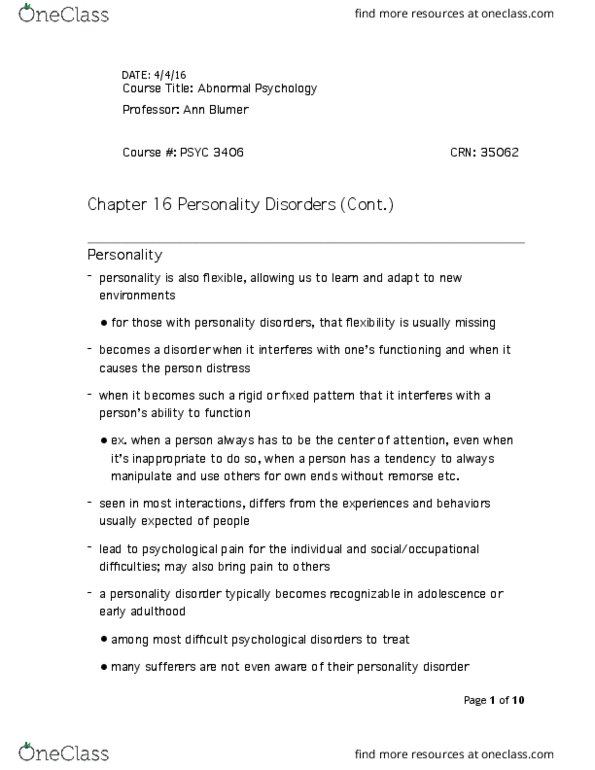 PSYC 3406 Lecture Notes - Lecture 22: Schizotypal Personality Disorder, Antisocial Personality Disorder, Psychosis thumbnail