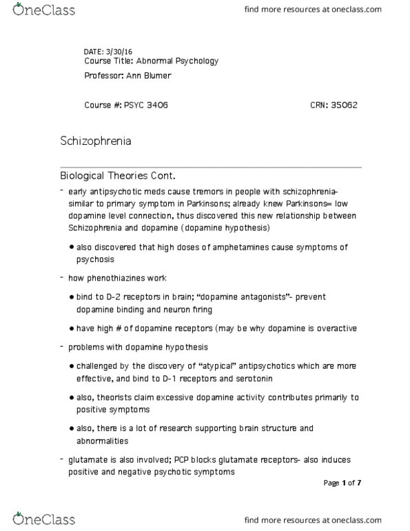 PSYC 3406 Lecture Notes - Lecture 20: Dopamine Hypothesis Of Schizophrenia, Synaptic Pruning, Meta-Communication thumbnail