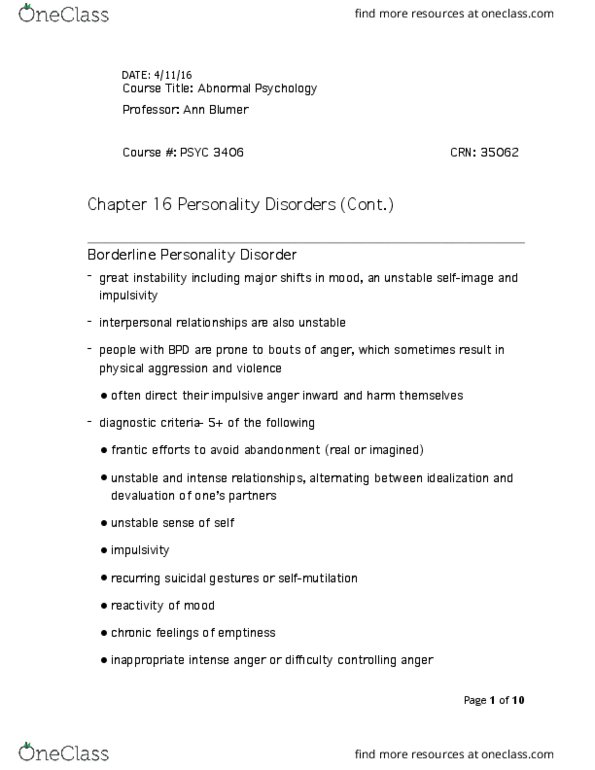 PSYC 3406 Lecture Notes - Lecture 23: Dialectical Behavior Therapy, Histrionic Personality Disorder, Narcissistic Personality Disorder thumbnail