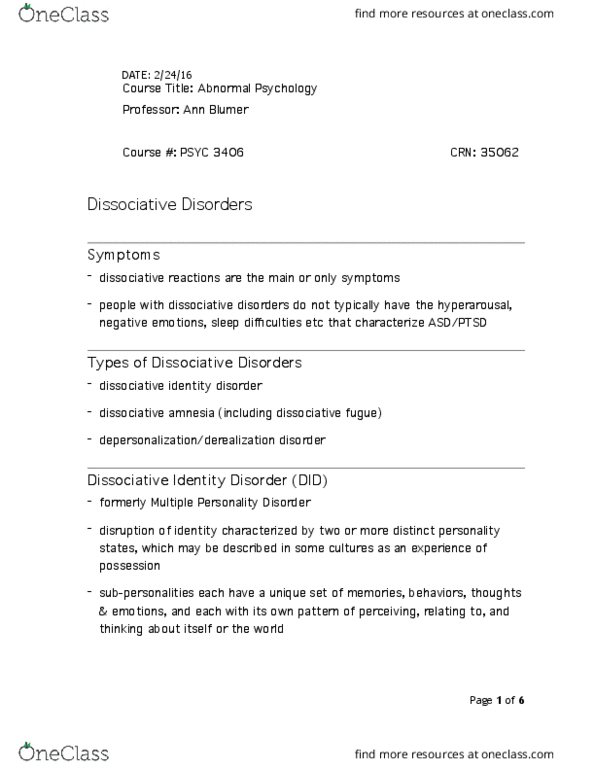 PSYC 3406 Lecture Notes - Lecture 11: Dissociative Identity Disorder, Subpersonality, Psychogenic Amnesia thumbnail