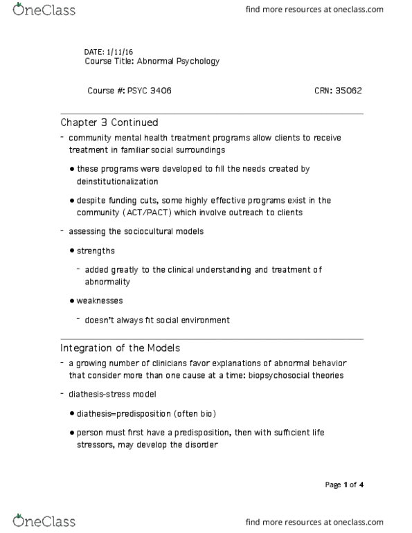 PSYC 3406 Lecture Notes - Lecture 5: Deinstitutionalisation, Biopsychosocial Model, Inter-Rater Reliability thumbnail