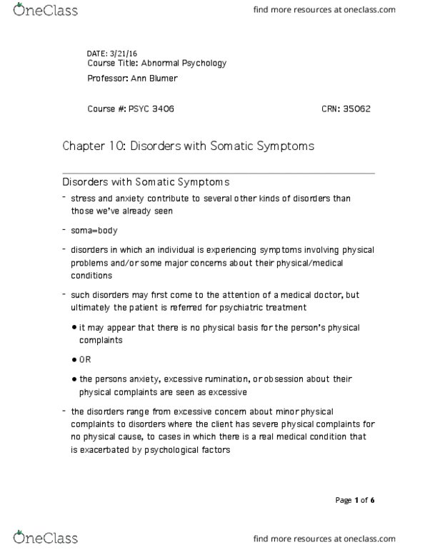 PSYC 3406 Lecture Notes - Lecture 17: Somatic Symptom Disorder, Anxiety Disorder, Conversion Disorder thumbnail