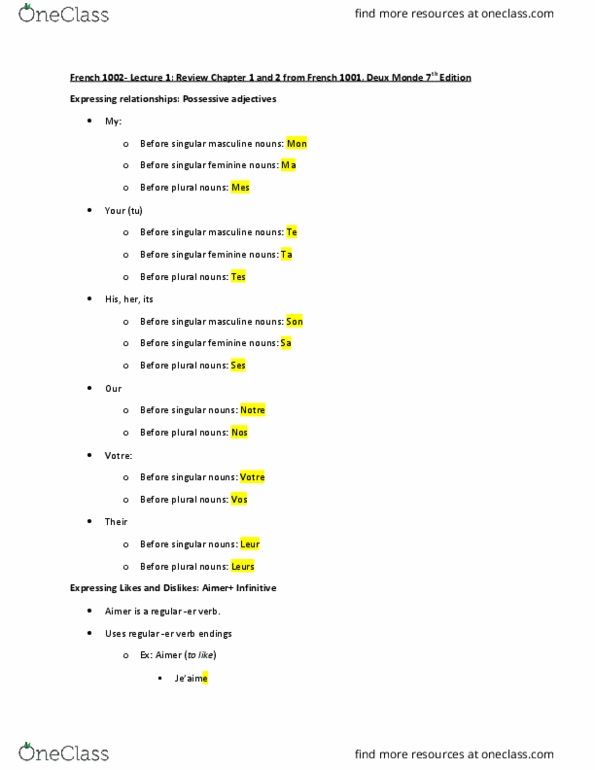 FREN 1002 Chapter Notes - Chapter 1-2: Girdle, Reflexive Pronoun, Regular And Irregular Verbs thumbnail