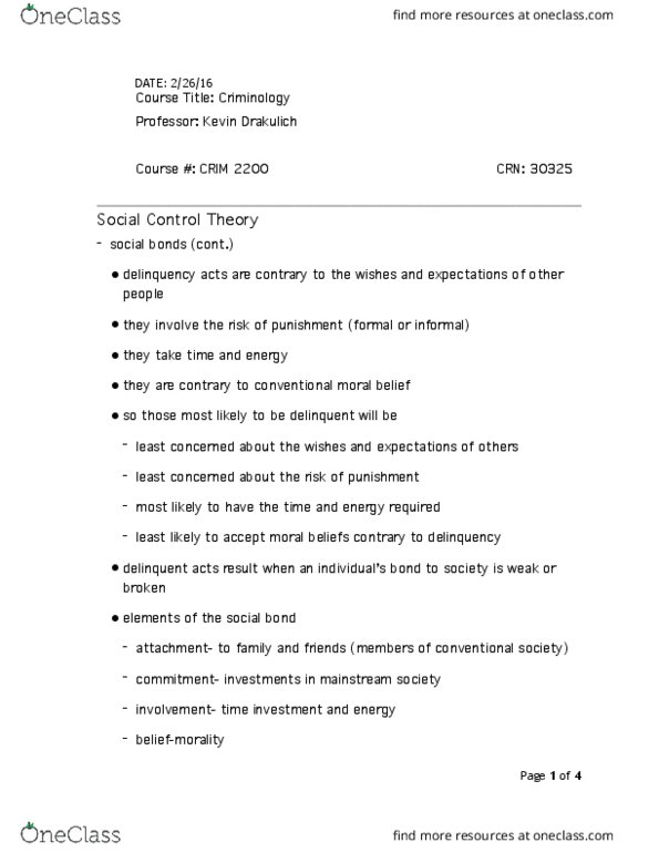 CRIM 2200 Lecture Notes - Lecture 12: Social Control Theory, Differential Association thumbnail