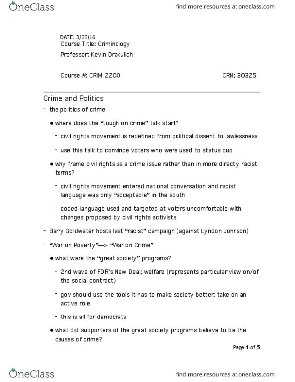 CRIM 2200 Lecture Notes - Lecture 15: New Deal Coalition, Barry Goldwater, Lyndon B. Johnson thumbnail